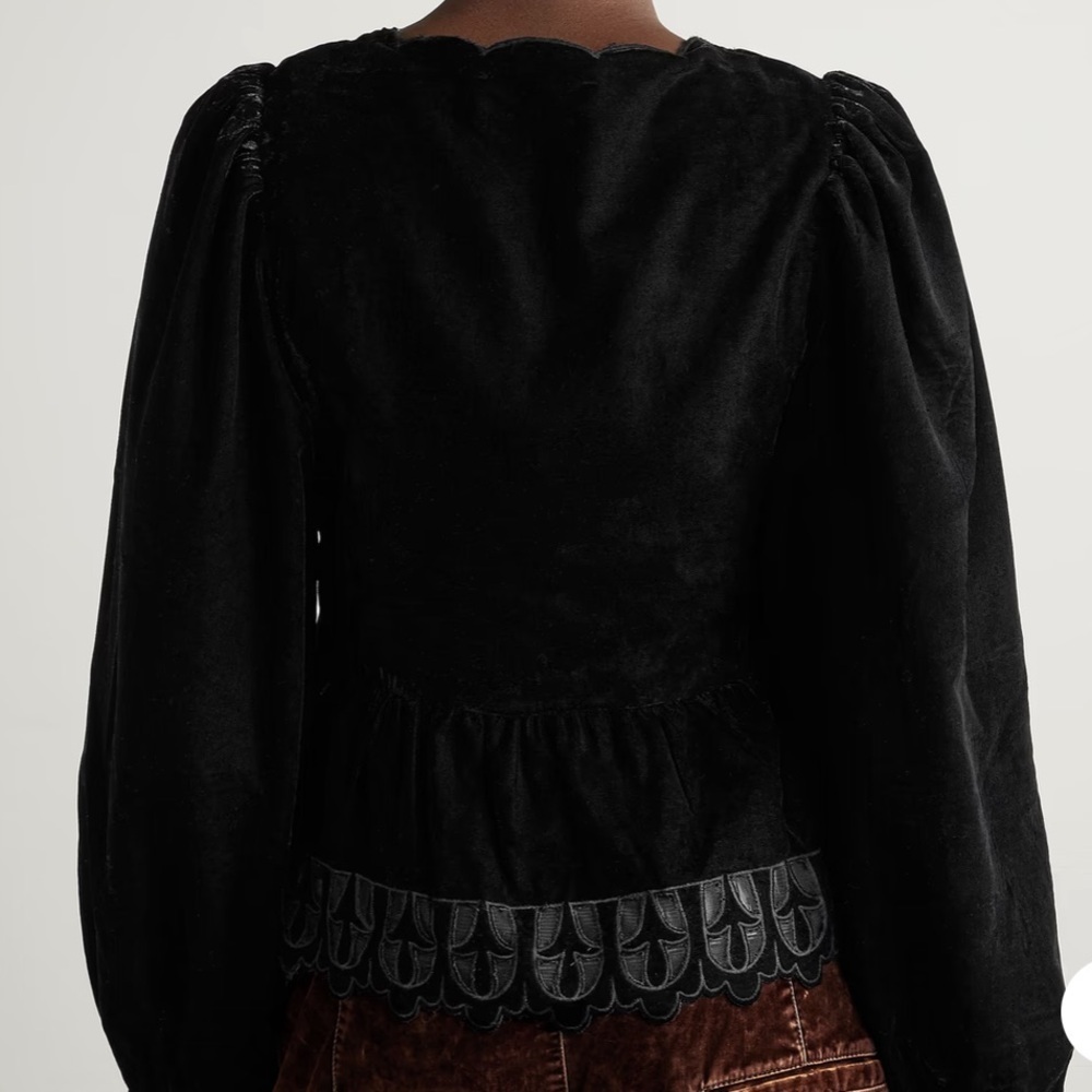 NWT SEA Dana tulle-trimmed embroidered velvet long sleeve blouse top black S - Picture 2 of 7